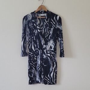Chico's Black White Animal Print Faux Wrap Long Sleeve Mini Dress Size Small